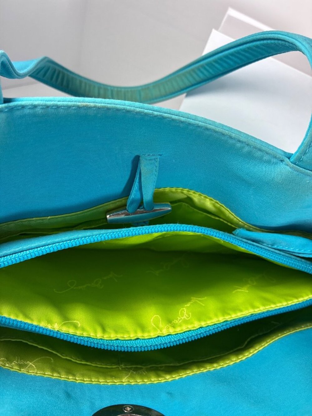 Vera Bradley Quilted Tote Turquoise Cotton Shoulder Bag Toggle Closure - Picture 6 of 10